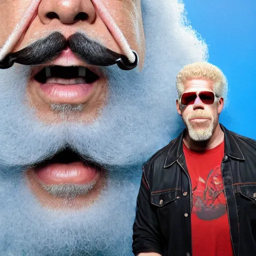 Image similar to ron perlman with a giant red curly afro with a handlebar mustache while wearing a light - blue collared shirt in the foreground, a blank canvas is right behind him, with a void white background, realistic, hyperrealistic, 8 k resolution, hd quality, very detailed, highly detailed, intricate details, real life, real world, trending on artstation