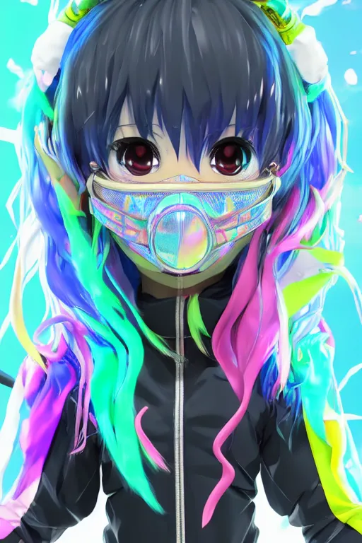 Image similar to portrait of a 3d anime character with cute eyes wearing a psychedelic holographic hoodie kawaii deco fashion, long hair with pastel colors, wearing a cute gas face mask in the style of code vein by Kurumi Kobayashi Koichi Itakura, 3d anime, octane render, dynamic lighting, with glitch and chromatic abbreviations, artstation, cgsociety, imaginefx, by anime concept artist, rendered in unreal engine, WENJR, WLOP, artgerm