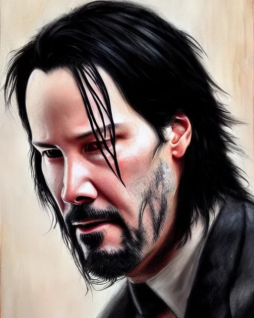 Image similar to keanu reeves, hyper realistic face, beautiful eyes, fantasy art, in the style of greg rutkowski, intricate, hyper detailed, smooth