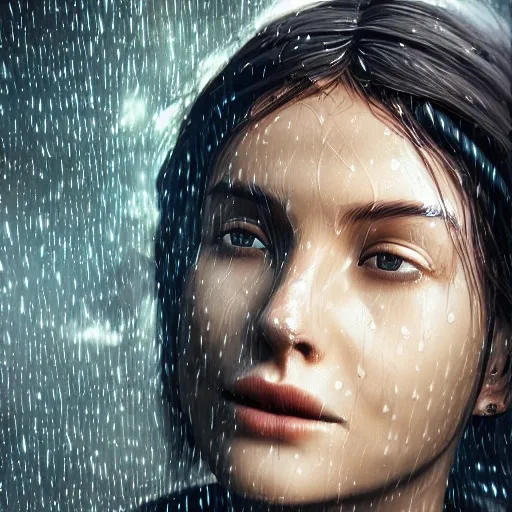 Prompt: woman portrait made out of rain with a glass box contains galaxies, highly detailed, concept art, realistic, octane render, unreal engine, up close shot, trending on artstation