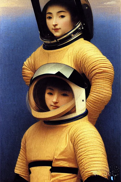 Image similar to portrait of a astronaut in samurai helmets, by bouguereau