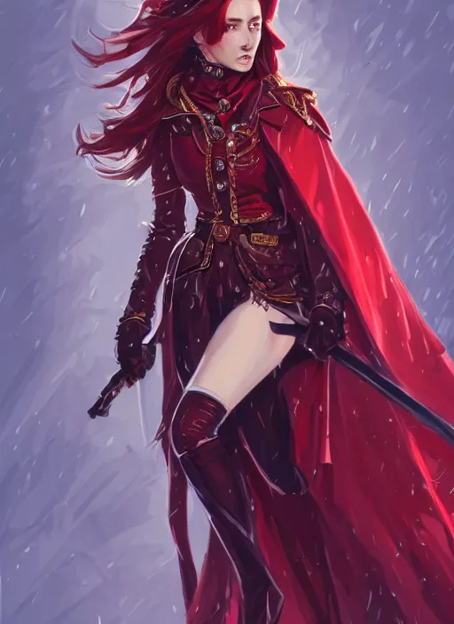 Image similar to a highly detailed illustration of beautiful long dark red haired woman wearing wine red epaulette uniform and coat cape, dramatic wielding strings pose, intricate, elegant, highly detailed, centered, digital painting, artstation, concept art, smooth, sharp focus, league of legends concept art, wlop