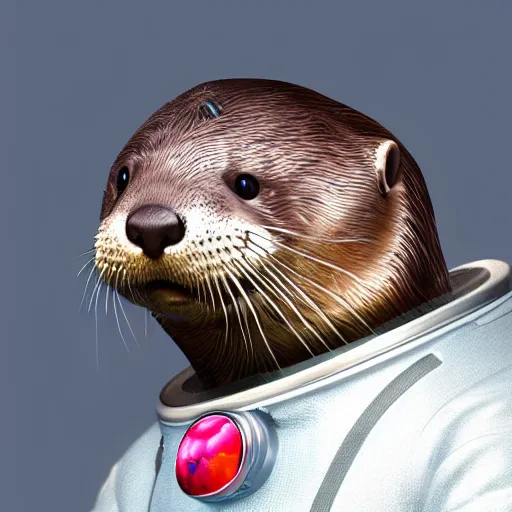 Prompt: a realistic portrait of an otter wearing a full space suit and reflective visor set against a space and nebula background, trending on artstation, ultra detail, photorealistic, fine detail, cgi, zbrush, global illumination, studio lighting