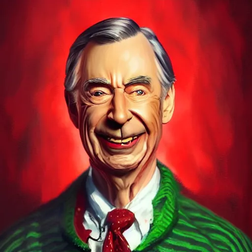 Image similar to hyper realistic portrait painting of evil mr. rogers as freddy krueger, painted by greg rutkowski, wlop, artgerm