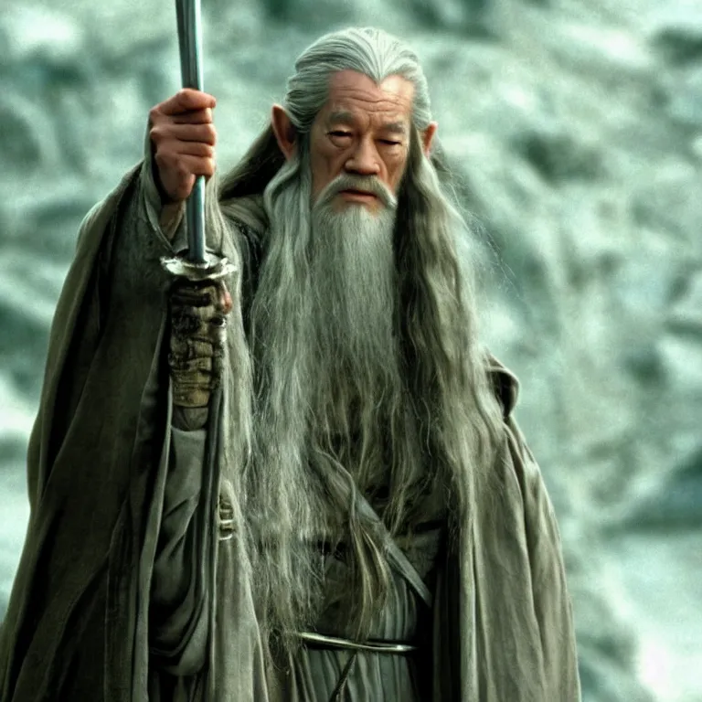 Image similar to film still of Lucy Liu as Gandalf in Lord of the Rings,