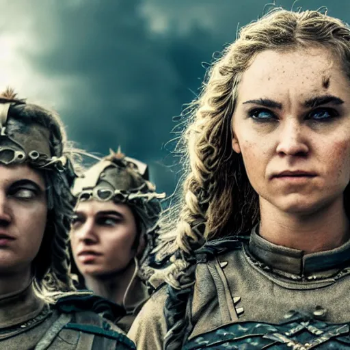 Prompt: Portrait of a Valkyrie and her soldiers, high detail, serious, masterpiece, 4k resolution, cinematic, trending, outstanding,