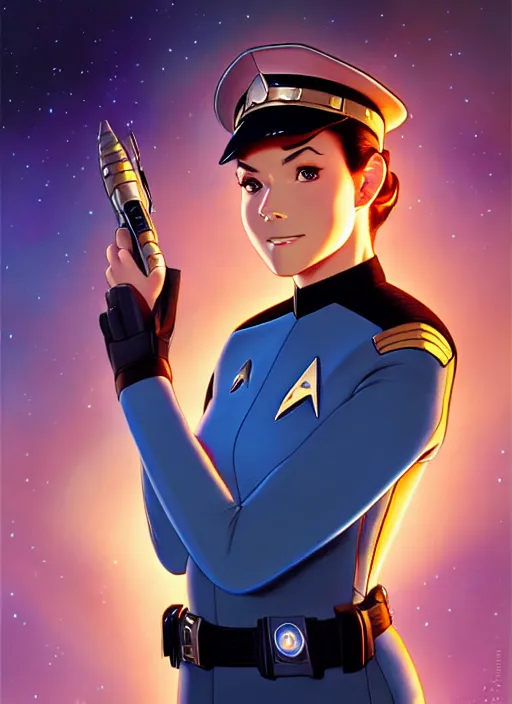 Image similar to cute star trek officer ferando torres, natural lighting, path traced, highly detailed, high quality, digital painting, by don bluth and ross tran and studio ghibli and alphonse mucha, artgerm