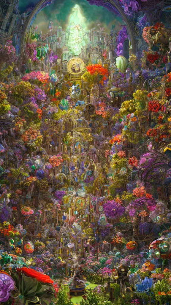 Image similar to a centered render of intricate modular synthesizer of alice in wonderland, shining its light across a tumultuous sea of flowers, undersea animals and gothic crystal church and mutant robots and vintage house tunnels by dorothea tanning and salvador dali, trending on artstation, cyber punk, high contrast, unreal engine, high detailed, 8 k