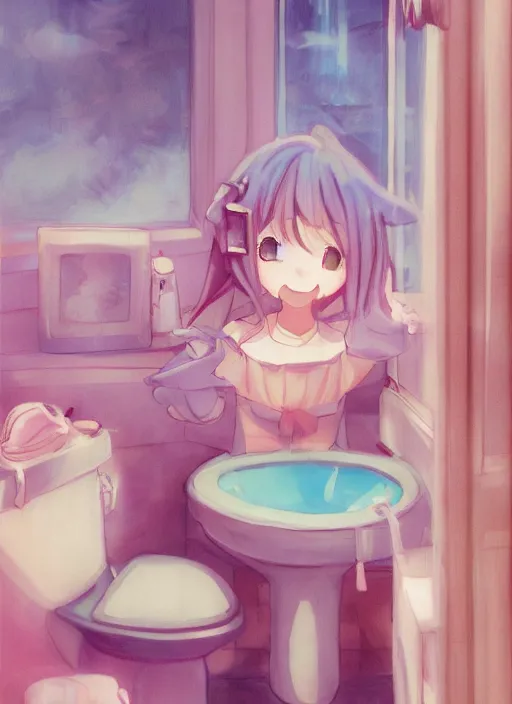 Image similar to placid pastel morning cute cluttered painterly fluffy tiny cramped bathroom trending on pixiv