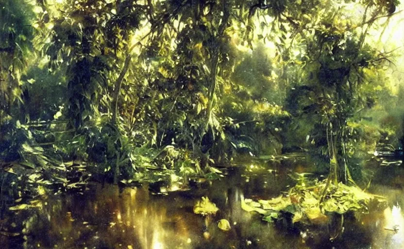 Prompt: oil painting lanscape by anders zorn, jungle nature, fruit trees, very very very very beautiful art, dramatic light, water reflections, aquarelle paint splashes and drips, drops