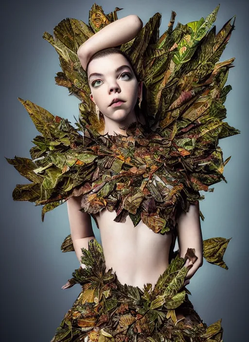 Prompt: expressive full body photo of anya taylor - joy, dress made of leaves, glamour shot, by karol bak, stefan gesell, photorealistic, nikon d 4 x, fashion photography, hyper maximalist, elegant, ornate, luxury, elite, environmental portrait, symmetrical features, octane render, unreal engine, solid dark grey background, dramatic lights