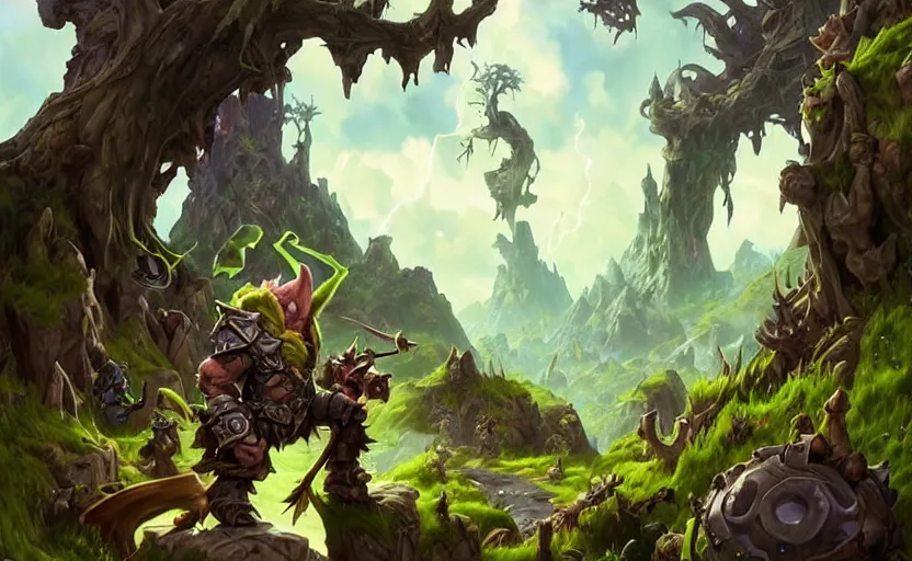 Image similar to goblin squatting, amazing landscape with tree in background, fantasy, whimsical, dungeons and dragons, league of legends splash art, heroes of the storm splash art, hearthstone splash art, world of warcraft splash art, overwatch splash art, art by artgerm, art by alphonse mucha, intricately detailed, highly detailed, trending on artstation,