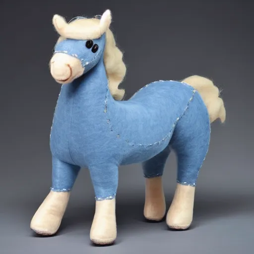 Image similar to a beautiful realistic felt plush horse in dusty blue with ornate detailed embroidery decoration