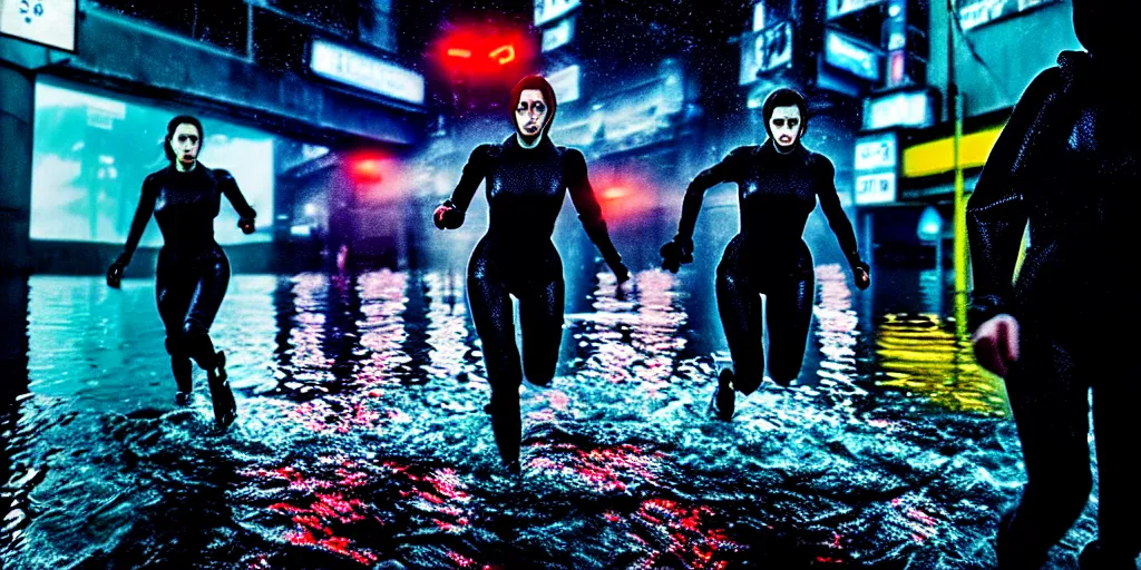 Image similar to cinestill 5 0 d candid photographic portrait by stanley kubrick of female androids sprinting wearing rugged black mesh techwear in treacherous waters, flooded city, medium closeup, retrofuturism cyberpunk moody emotional cinematic, pouring iridescent rain bright spotlight helicopter, 8 k, hd, high resolution, 3 5 mm, f / 3 2 motion blur, ultra realistic faces, ex machina