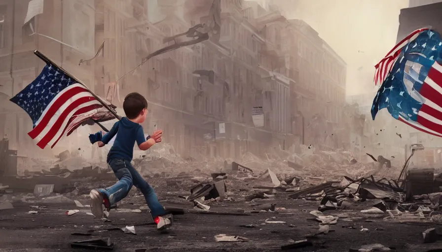 Image similar to child flying a torn american flag while running through streets of destroyed washington dc, collapsed buildings with debris and dust, hyperdetailed, artstation, cgsociety, 8 k