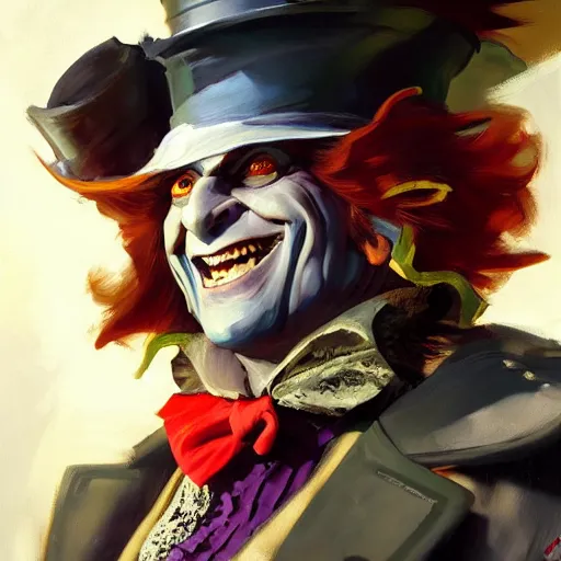 Image similar to greg manchess portrait painting of partially armored mad hatter from alice in wonderland as overwatch character, wacky, medium shot, asymmetrical, profile picture, organic painting, sunny day, matte painting, bold shapes, hard edges, street art, trending on artstation, by huang guangjian and gil elvgren and jesper ejsing