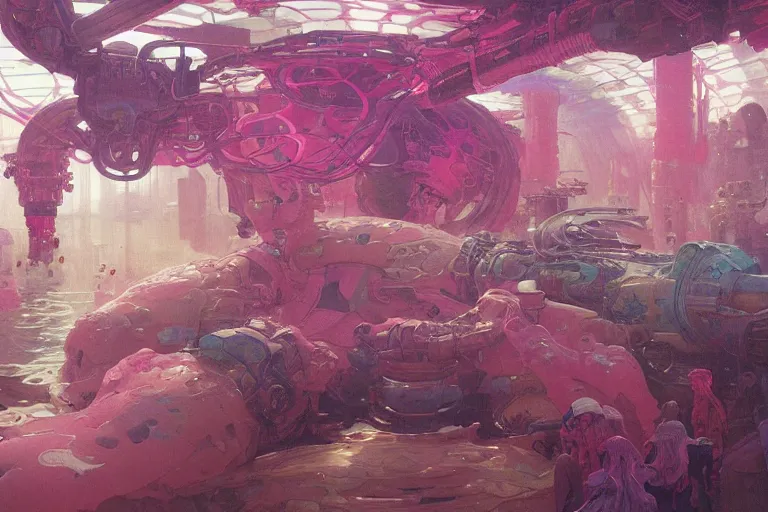 Image similar to interior of a digesting Stomach filled with glowing pink water, Cross section, Claustrophobic, seapunk Mecha , vaporwave , digital art, artstation, by WLOP, Ilya repin, alphonse mucha., Very highly detailed 8K, octane, Digital painting, the golden ratio,