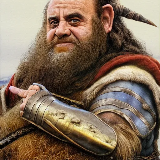 Image similar to danny devito as gimli, by alan lee, lord of the rings calendar, smooth, detailed terrain, oil painting, matte painting, concept art, trending on artstation