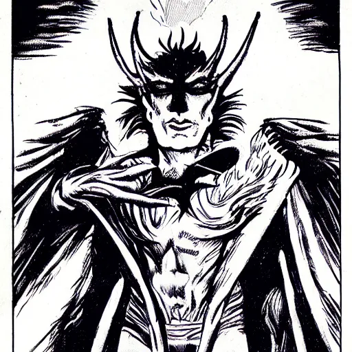 Image similar to sandman from DC comics, standing in hell facing lucifer, in the style of Jack kirby