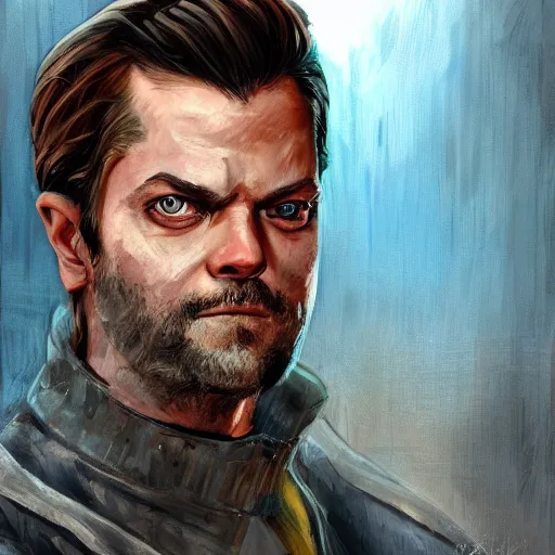 Image similar to beautiful portrait of a man with a short-beard blue eyes(looking like joshua jackson and aaron paul, sean bean), in the style of Enki Bilal and Joe Jusko and Alex Ross, backlit, trending on artstation