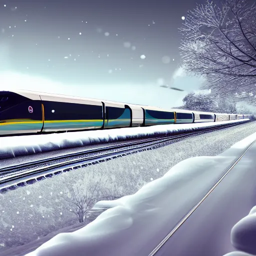 Prompt: desktop wallpaper of a bullet train riding over a bridge through a cold snowy landscape, trending on artstation