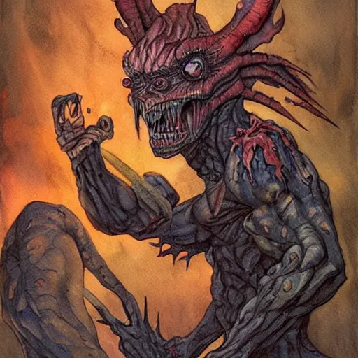 Prompt: mutant demon that is a manifestation of insomnia. Gerald Brom. Watercolour and ink.