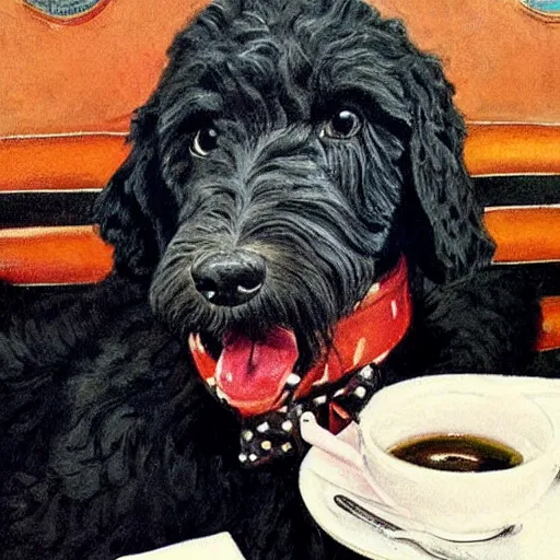 Prompt: Black Goldendoodle with a bright face and a puppy sitting at a diner drinking a cup of coffee, looking melancholy, Norman Rockwell style