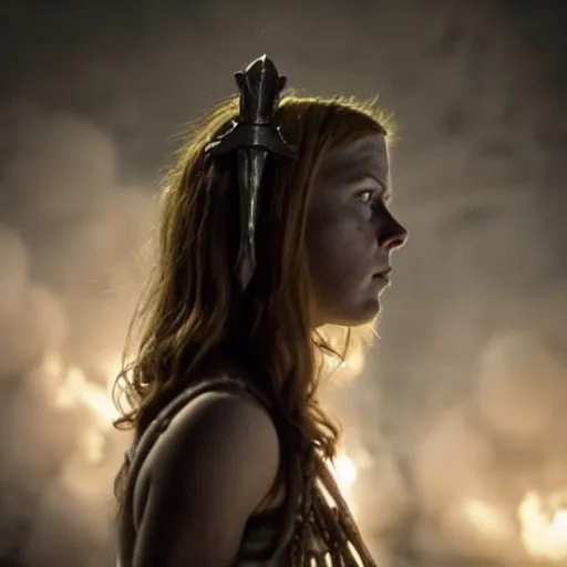 Image similar to bree williamson as the goddess of war. movie still. sinister atmospheric lighting. highly detailed, ground mist