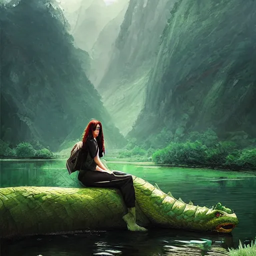 Prompt: Green Dragon, resting at a pond, underground, mountainous area, trees in the background, oil painting, by Fernanda Suarez and Greg Rutkowski