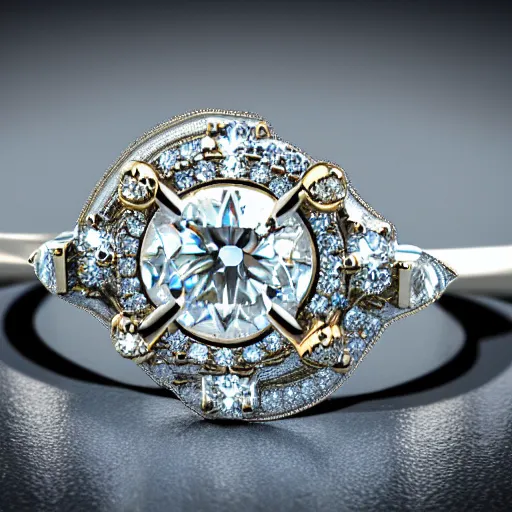 Image similar to photo of engagement ring with two diamonds outside and one in the middle, realistic, hyper detailed, concept art, victorian, multiple angles