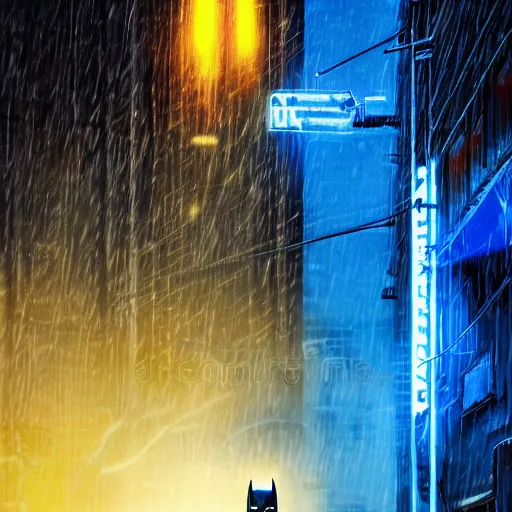 Image similar to highly detailed photorealistic image of batman from dc movies in rain, cyberpunk city street, blue and yellow neon lights, highly detailed reflection, studio quality 8k ultra high definition render, trending on ArtStation, real life quality image