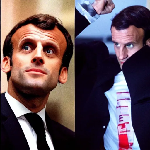 Image similar to Emmanuel Macron wearing fries tee-shirt in American Psycho (1999)