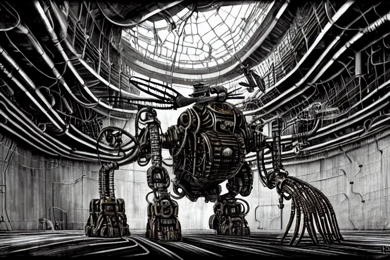 Image similar to dieselpunk huge robotic dragonfly, inside an gigantic underground concrete doom hangar, interior structure, drains, storm drains, jungle, vines, algea, cables, panels, walls, ceiling, floor, doors, brutalist architecture, intricate ink drawing, highly detailed in the style of Ashley Wood, moebius and Tsutomu Nihei, photorealistic, cinematic, intricate detail, well lit,