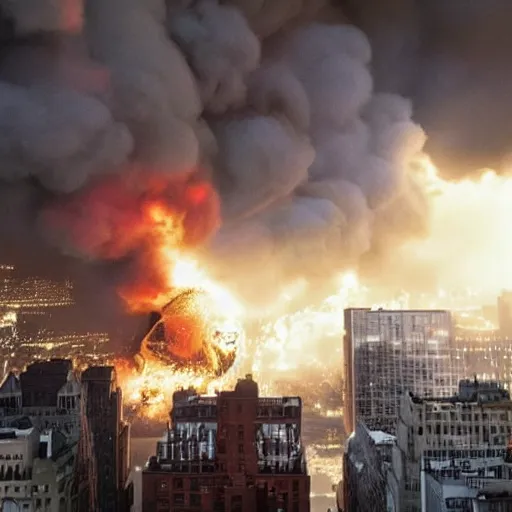 Prompt: a photo of a giant dog destroying new york citys buildings, explosions, fire