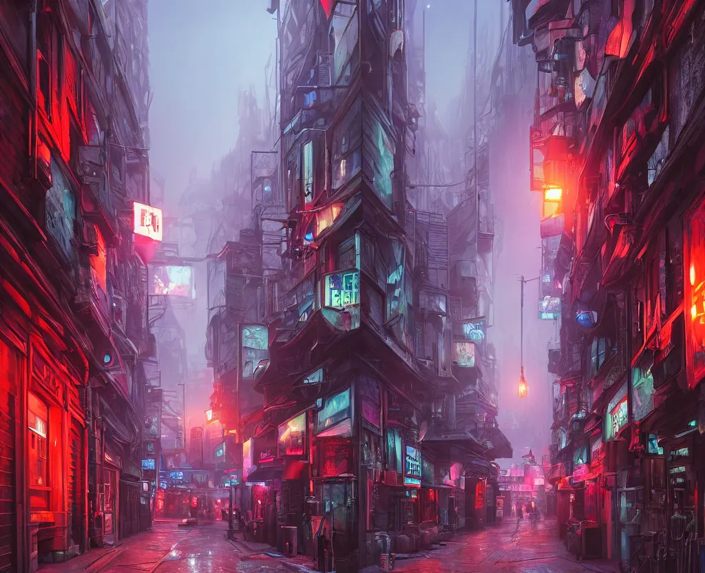 Image similar to three point perspective close wide angle shot of a matte painting environment design of future London alley with neon lights and advertisements, artstation, ultra realistic, volumetric lighting, 4k, unreal engine, octane render, art by Artgerm and Greg Rutkowski and Alphonse Mucha