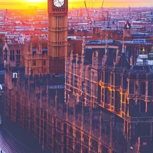 Image similar to london city, landscape, cityscape, high art, detailed, artstation award, intricate detail, panoramic, wide angle, sunset, color palette, big ben clock tower, british parliament building, from above