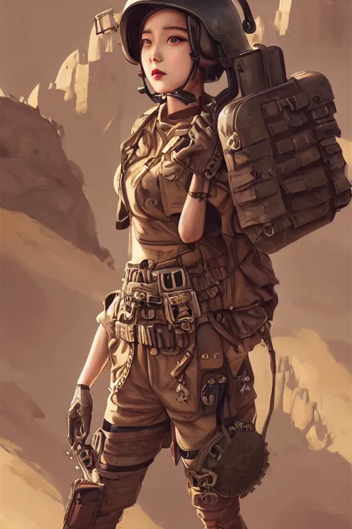 Prompt: dieselpunk blackpink jisoo as soldier girl, helmet, portrait, desert, armored, highly detailed, sharp focus, art, illustrations by rossdraws and ayanamikodon and wlop and irakli nadar and loish