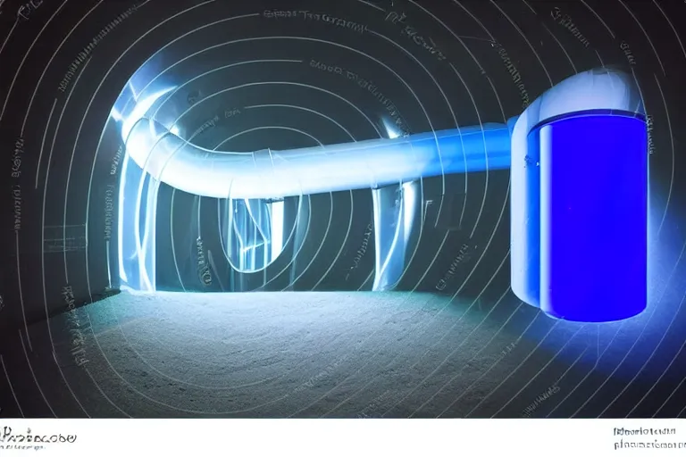 Prompt: dark blue transparent plastic hyperloop opening pipe glowing in the dark space capsule underground society underground suburban house