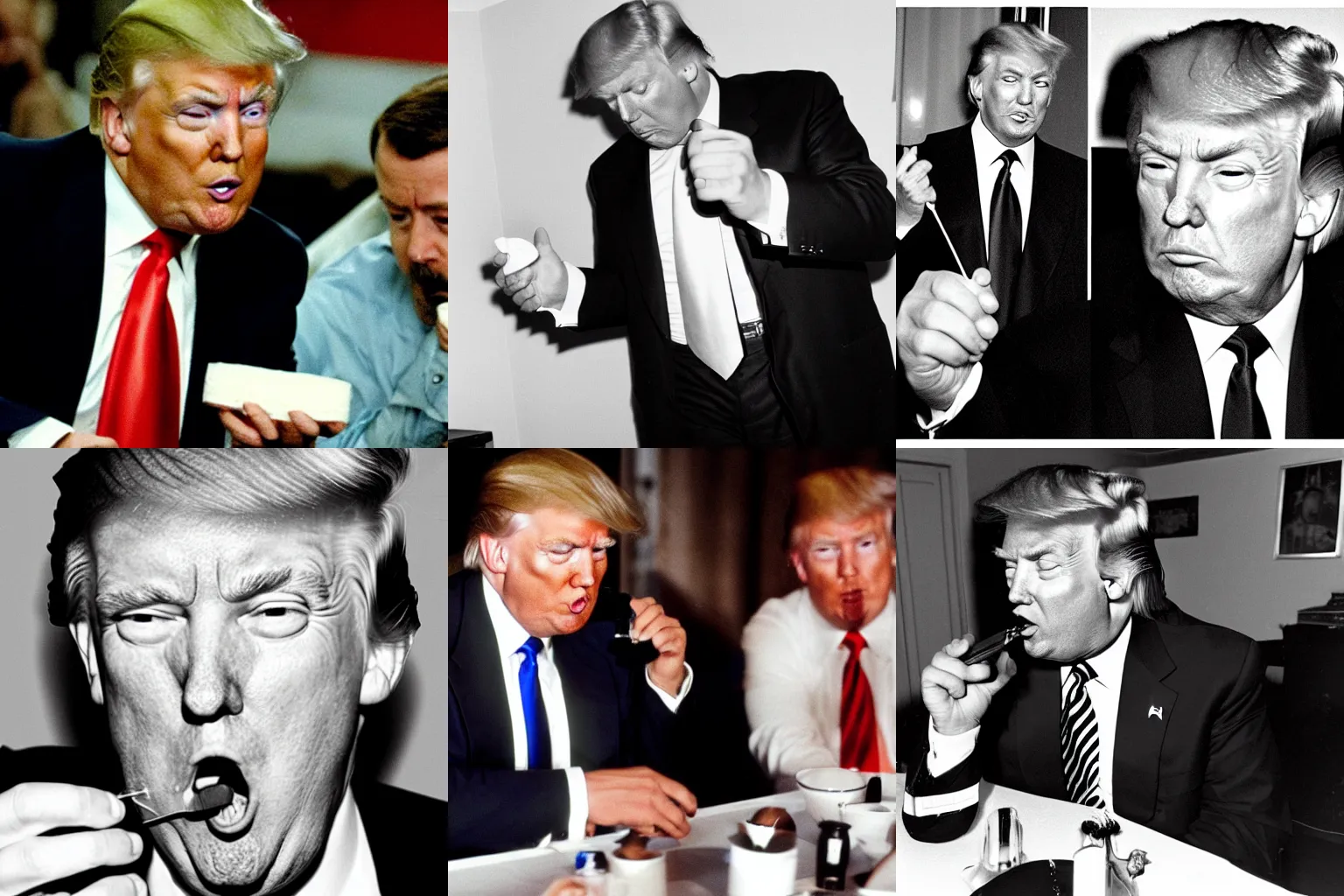 Prompt: donald trump snorting a line of cocaine, undercover photograph,