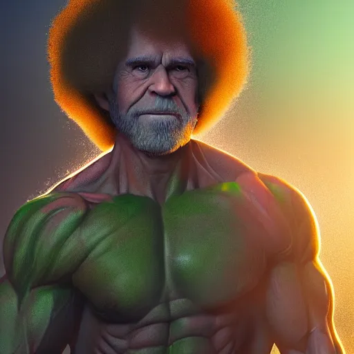 Image similar to full body portrait , photomanipulation of BOB ROSS as hulk with human flesh, marvel, fully detailed, volumetric lightening, octane render, 8k, masterpiece, epic composition