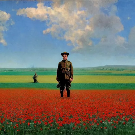 Prompt: world war 1 soldier in a field of giant poppies, surrealist, by robert mcginnis