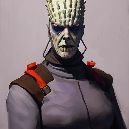 Prompt: greg manchess portrait painting of pinhead as overwatch character, medium shot, asymmetrical, profile picture, organic painting, sunny day, matte painting, bold shapes, hard edges, street art, trending on artstation, by huang guangjian and gil elvgren and sachin teng