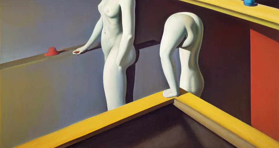 Image similar to photorealistic painting : figure head coming out of drain head, liminal space, oil on canvas, edward hopper vibe, oskar schlemmer gegenlicht, 2 0 0 5, painting by andrea eitel