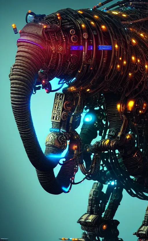 Image similar to hyper realistic and higly detailed photo of a cyberpunk mech elephant. intricate, wiring, electronic components, color diodes. volumetric light. professional digital art, lotr style, extremly detailed, trending on artstation, stuning, octane render, unreal engine 5, 8 k rendering.