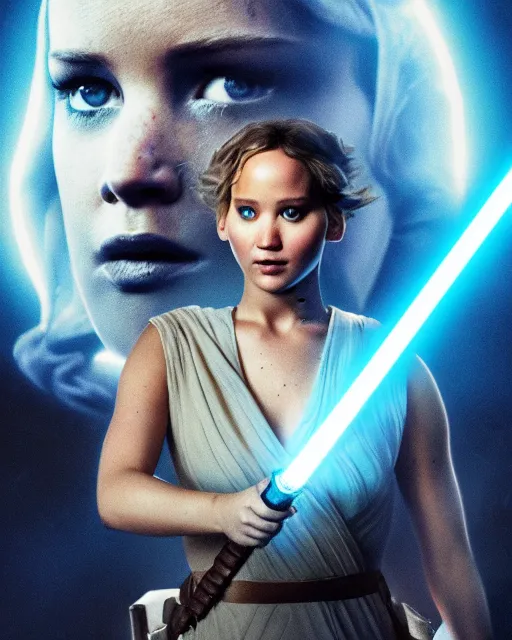 Image similar to jennifer lawrence as a jedi, battle scared with ripped clothes, holding up a blue lightsaber, very dark background, official new star wars episode xi movie poster from lucas arts, perfect symmetrical face, moody lighting, 8 k, shallow depth of field, intricate detail,