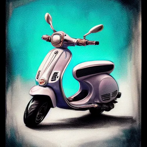 Prompt: hyper realistic pencil drawing of a turquoise vespa moped, loose water color, detailed, rim light, diffused, intricate, by anna dittmann,