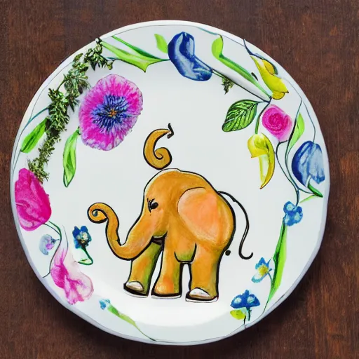 Image similar to a flat elefant on a plate with flowers on top