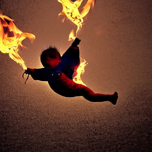 Prompt: a baby flying out of a catapult. on fire. Award-winning photograph