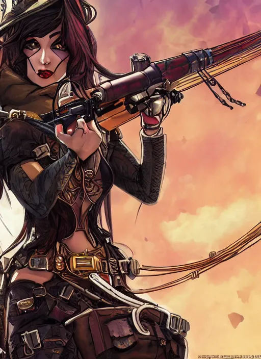 Image similar to Lady Mechanika in a Comic Book cover, holding a shotgun, artstation, Deviantart, Wallpaper, sharp,