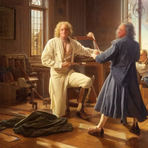 Prompt: isaac newton and leibniz fighting over calculus, detailed, centered, digital painting, artstation, concept art, donato giancola, joseph christian leyendecker, wlop, boris vallejo, breathtaking, 8 k resolution, extremely detailed, beautiful, establishing shot, artistic, hyperrealistic, octane render, cinematic lighting, dramatic lighting,